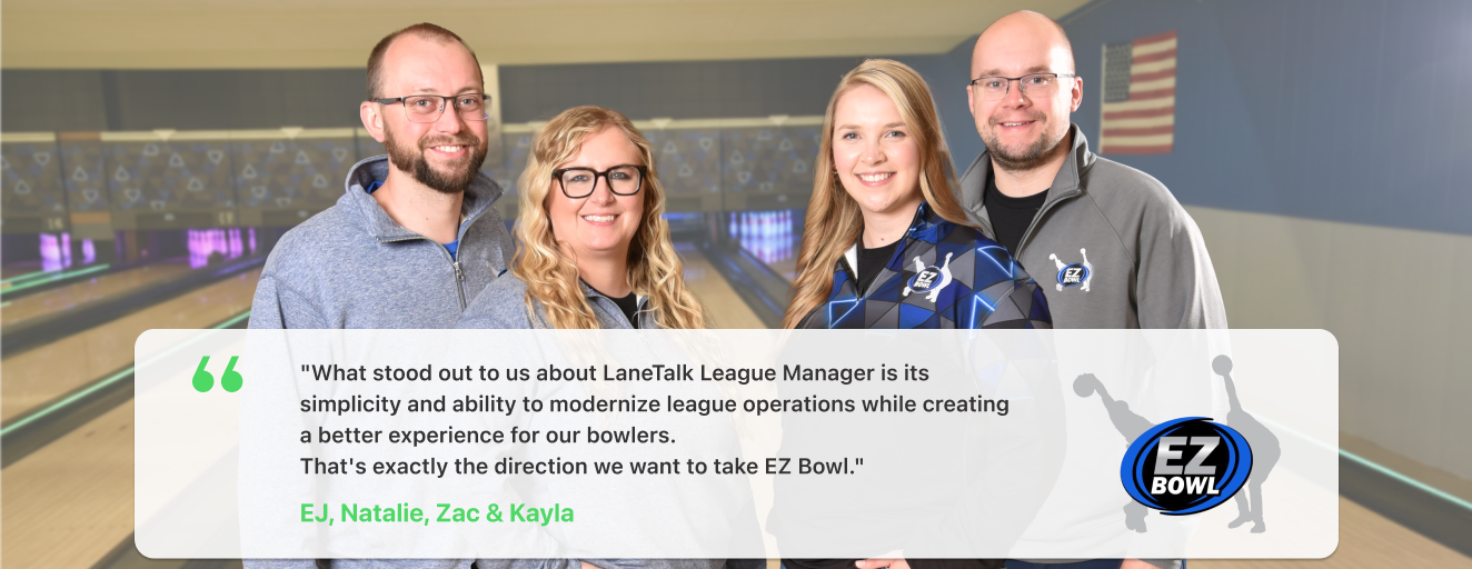 The EZ Bowl team — EJ, Natalie, Zac and Kayla — standing in front of the lanes at their center