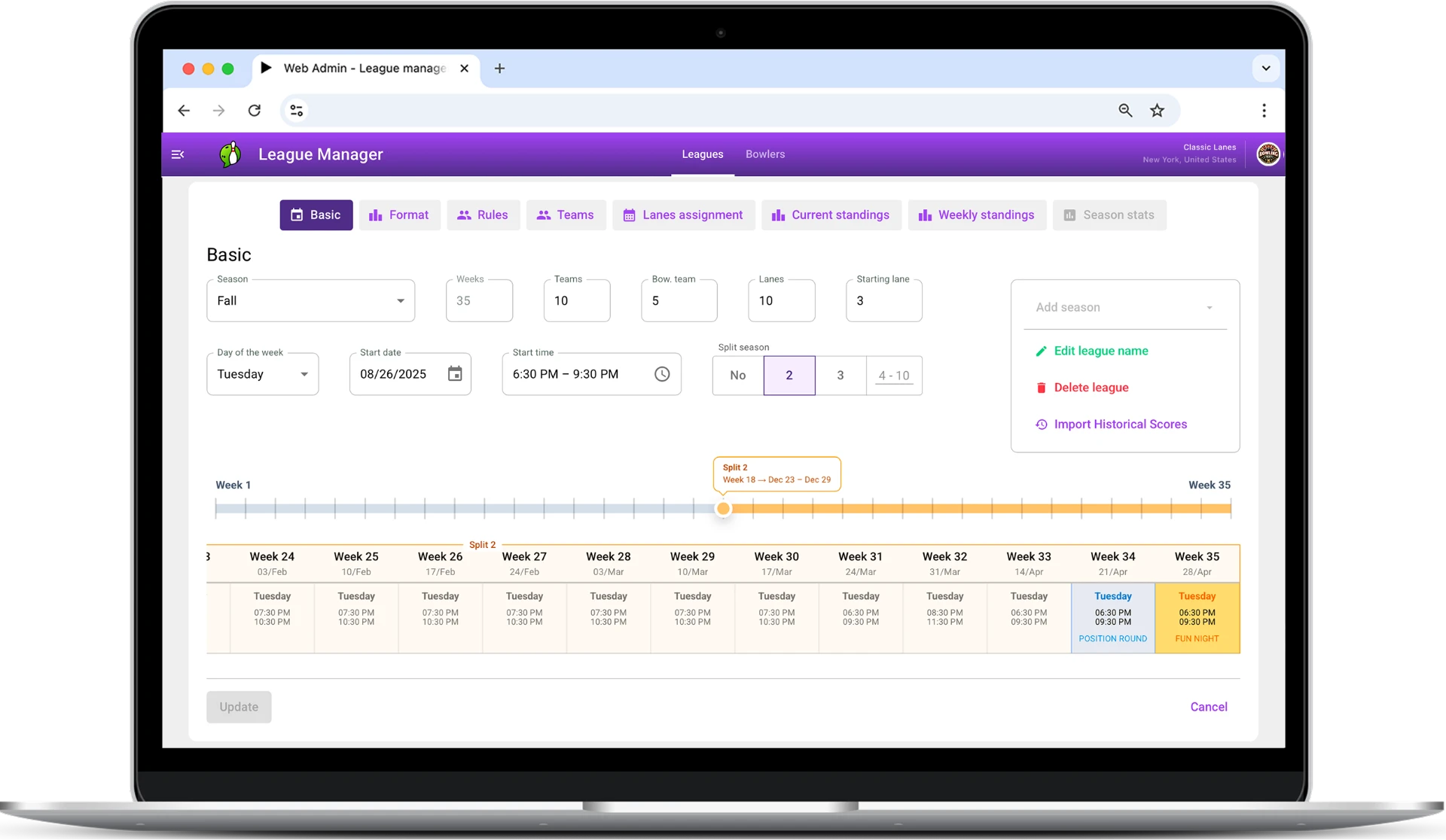 The League Manager web admin: season, weeks, teams, lanes and split-season settings with a week-by-week schedule timeline